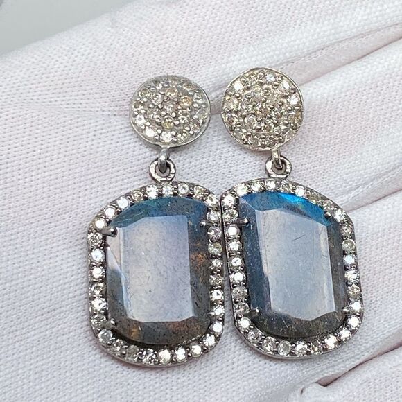 Adornia Fine Black Rhodium Sterling Silver Labradorite Diamond Drop Earrings - Picture 6 of 15